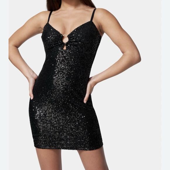 Bebe Ring Detail Cut Out Allover Sequin Mini Dress Sz XL Black Bodycon HOCO - Picture 1 of 15
